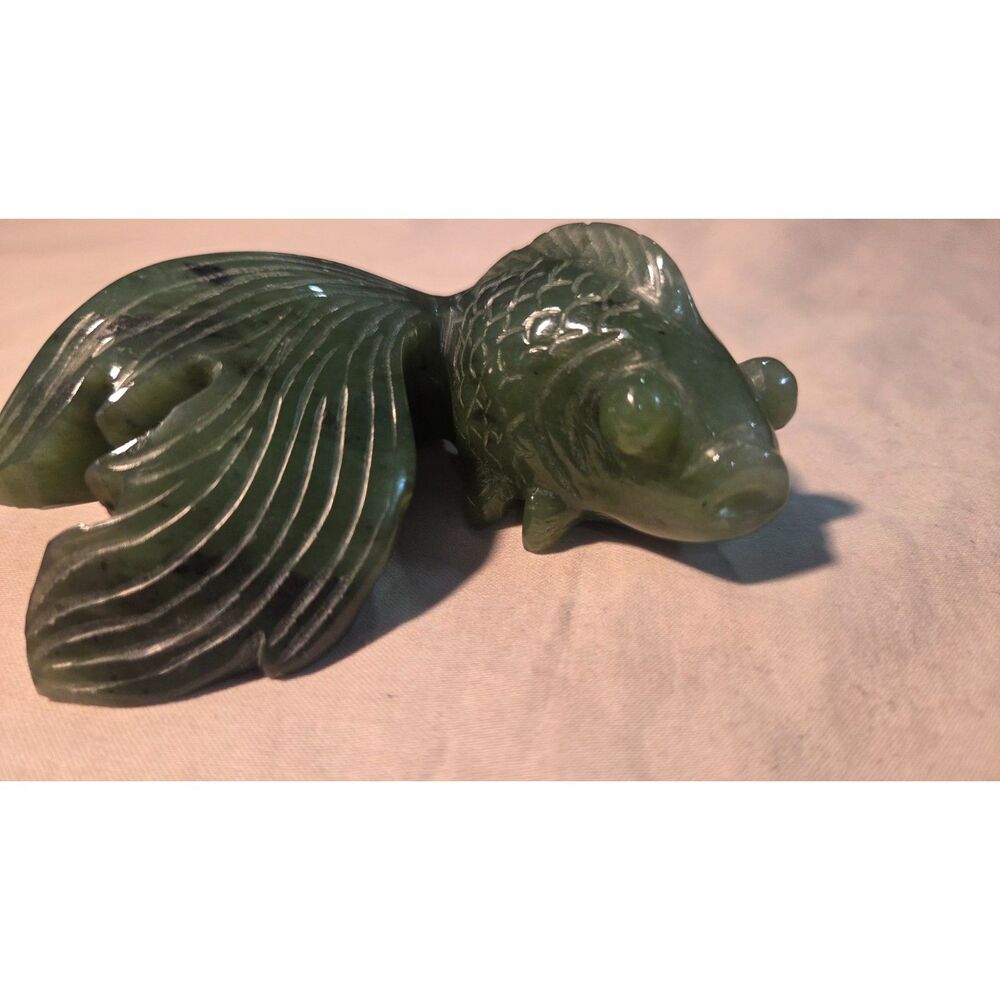 Vintage Hand-Carved Nephrite Jade Goldfish Figurine 3.25" Spinach Green